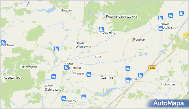 mapa Ługi gmina Zakrzewo, Ługi gmina Zakrzewo na mapie Targeo