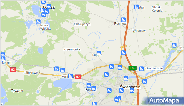 mapa Ługów gmina Świebodzin, Ługów gmina Świebodzin na mapie Targeo