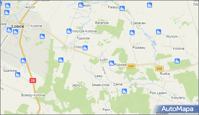 mapa Łuzki gmina Łosice, Łuzki gmina Łosice na mapie Targeo