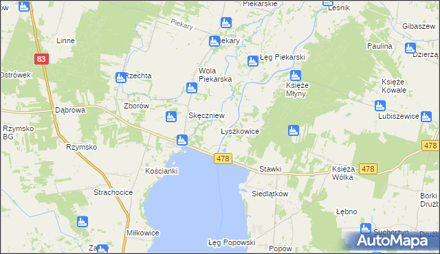 mapa Łyszkowice gmina Pęczniew, Łyszkowice gmina Pęczniew na mapie Targeo