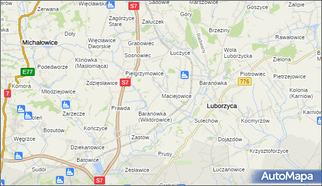 mapa Maciejowice gmina Kocmyrzów-Luborzyca, Maciejowice gmina Kocmyrzów-Luborzyca na mapie Targeo