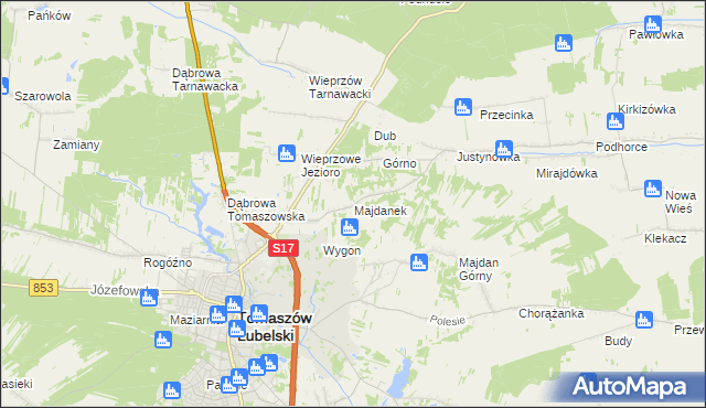 mapa Majdanek gmina Tomaszów Lubelski, Majdanek gmina Tomaszów Lubelski na mapie Targeo