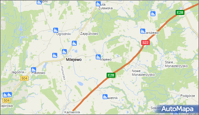 mapa Majewo gmina Milejewo, Majewo gmina Milejewo na mapie Targeo