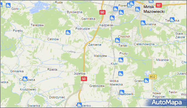 mapa Maliszew gmina Mińsk Mazowiecki, Maliszew gmina Mińsk Mazowiecki na mapie Targeo