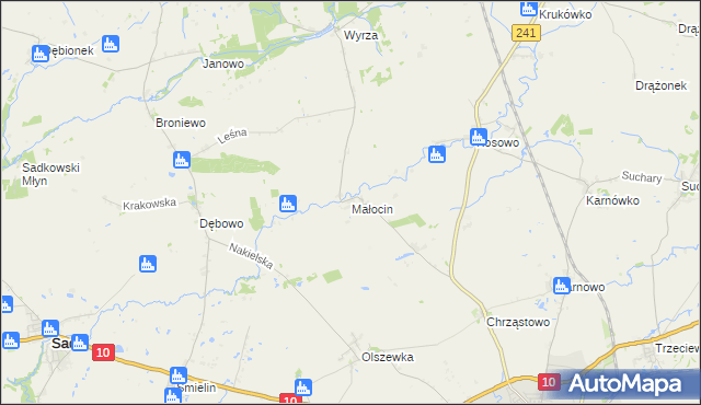 mapa Małocin gmina Nakło nad Notecią, Małocin gmina Nakło nad Notecią na mapie Targeo