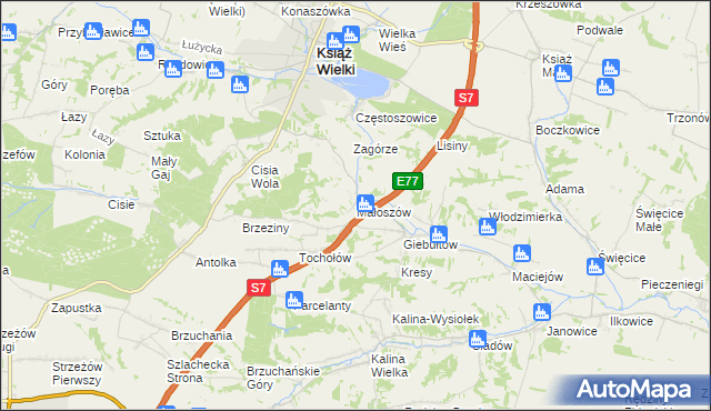 mapa Małoszów gmina Książ Wielki, Małoszów gmina Książ Wielki na mapie Targeo