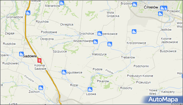 mapa Małoszyce gmina Sadowie, Małoszyce gmina Sadowie na mapie Targeo