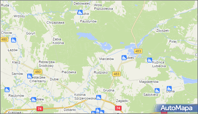 mapa Marcelów gmina Szczerców, Marcelów gmina Szczerców na mapie Targeo