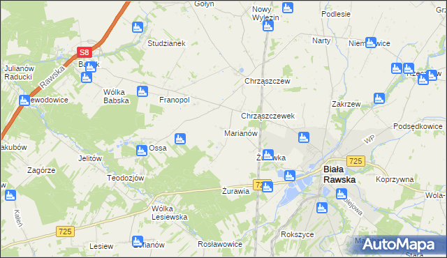 mapa Marianów gmina Biała Rawska, Marianów gmina Biała Rawska na mapie Targeo