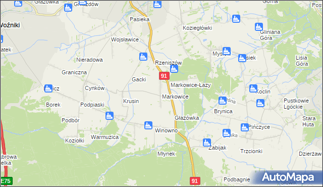 mapa Markowice gmina Koziegłowy, Markowice gmina Koziegłowy na mapie Targeo