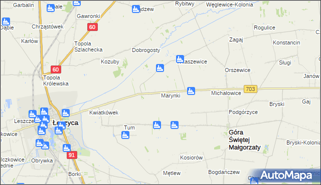 mapa Marynki gmina Góra Świętej Małgorzaty, Marynki gmina Góra Świętej Małgorzaty na mapie Targeo