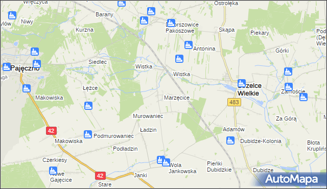 mapa Marzęcice gmina Strzelce Wielkie, Marzęcice gmina Strzelce Wielkie na mapie Targeo