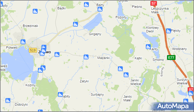 mapa Mazanki gmina Zalewo, Mazanki gmina Zalewo na mapie Targeo