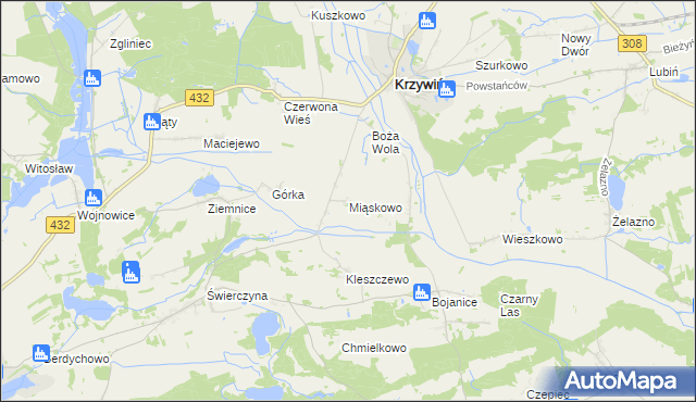 mapa Miąskowo gmina Osieczna, Miąskowo gmina Osieczna na mapie Targeo