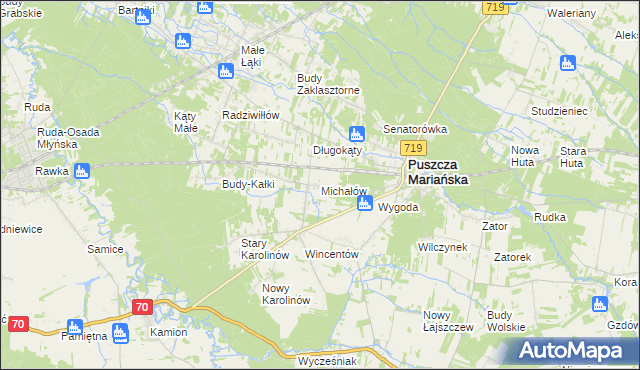 mapa Michałów gmina Puszcza Mariańska, Michałów gmina Puszcza Mariańska na mapie Targeo