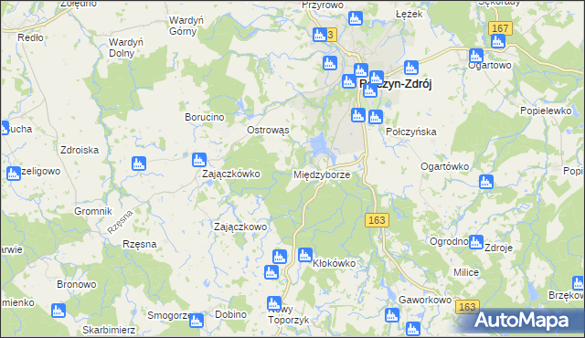 mapa Międzyborze gmina Połczyn-Zdrój, Międzyborze gmina Połczyn-Zdrój na mapie Targeo
