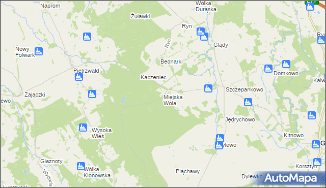 mapa Miejska Wola gmina Ostróda, Miejska Wola gmina Ostróda na mapie Targeo