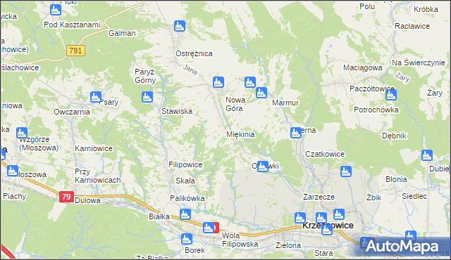 mapa Miękinia gmina Krzeszowice, Miękinia gmina Krzeszowice na mapie Targeo