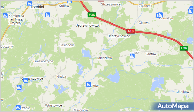 mapa Mieszków gmina Trzebiel, Mieszków gmina Trzebiel na mapie Targeo