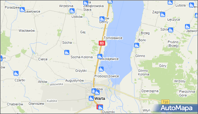mapa Mikołajewice gmina Warta, Mikołajewice gmina Warta na mapie Targeo