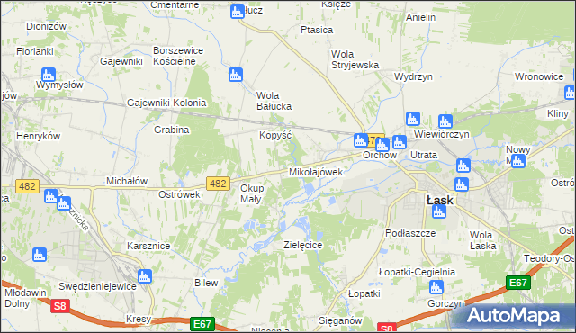 mapa Mikołajówek gmina Łask, Mikołajówek gmina Łask na mapie Targeo