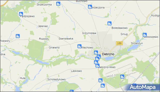 mapa Miłachowo gmina Debrzno, Miłachowo gmina Debrzno na mapie Targeo