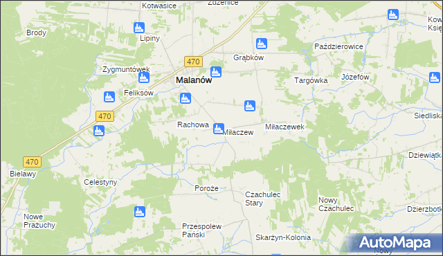 mapa Miłaczew gmina Malanów, Miłaczew gmina Malanów na mapie Targeo