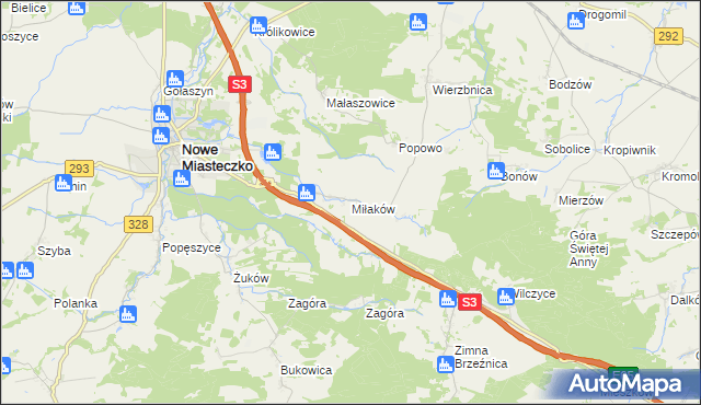 mapa Miłaków gmina Nowe Miasteczko, Miłaków gmina Nowe Miasteczko na mapie Targeo