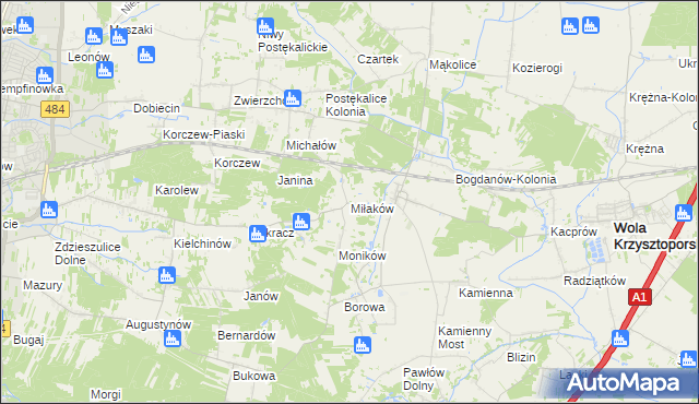 mapa Miłaków gmina Wola Krzysztoporska, Miłaków gmina Wola Krzysztoporska na mapie Targeo