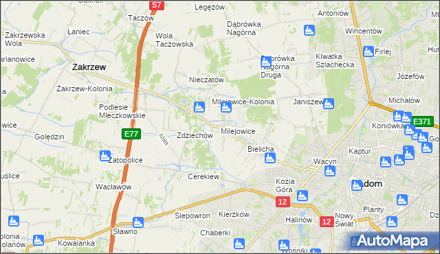 mapa Milejowice gmina Zakrzew, Milejowice gmina Zakrzew na mapie Targeo