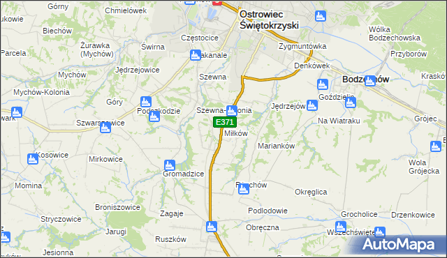 mapa Miłków gmina Bodzechów, Miłków gmina Bodzechów na mapie Targeo