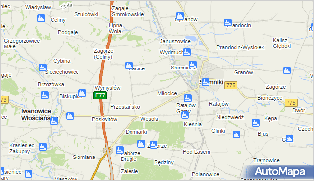 mapa Miłocice gmina Słomniki, Miłocice gmina Słomniki na mapie Targeo