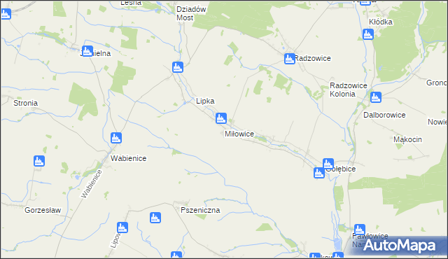 mapa Miłowice gmina Dziadowa Kłoda, Miłowice gmina Dziadowa Kłoda na mapie Targeo