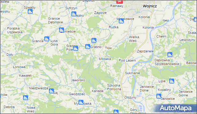 mapa Milówka gmina Wojnicz, Milówka gmina Wojnicz na mapie Targeo