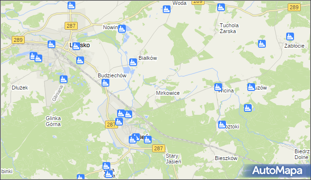 mapa Mirkowice gmina Jasień, Mirkowice gmina Jasień na mapie Targeo