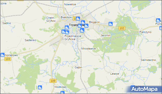 mapa Mirosławice gmina Trzebiatów, Mirosławice gmina Trzebiatów na mapie Targeo