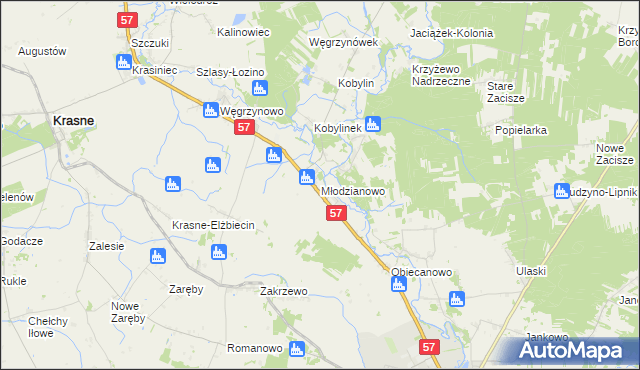 mapa Młodzianowo gmina Płoniawy-Bramura, Młodzianowo gmina Płoniawy-Bramura na mapie Targeo