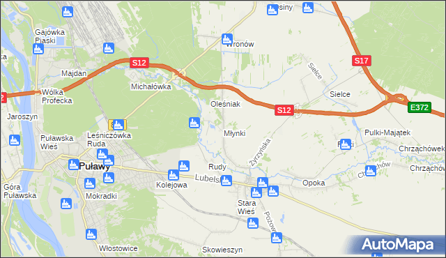 mapa Młynki gmina Końskowola, Młynki gmina Końskowola na mapie Targeo