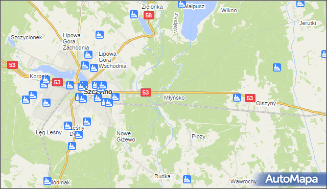 mapa Młyńsko gmina Szczytno, Młyńsko gmina Szczytno na mapie Targeo