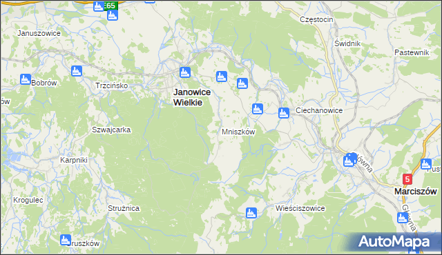 mapa Mniszków gmina Janowice Wielkie, Mniszków gmina Janowice Wielkie na mapie Targeo