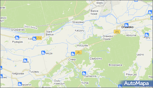 mapa Moczydła gmina Drawsko, Moczydła gmina Drawsko na mapie Targeo