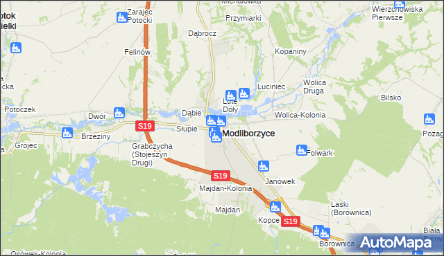 mapa Modliborzyce powiat janowski, Modliborzyce powiat janowski na mapie Targeo