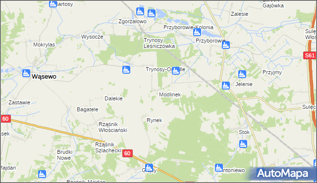 mapa Modlinek gmina Wąsewo, Modlinek gmina Wąsewo na mapie Targeo