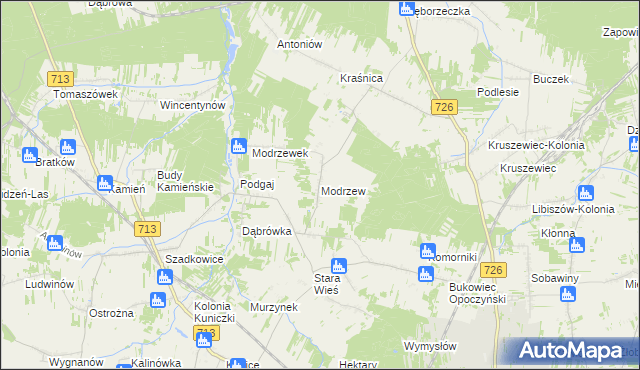 mapa Modrzew gmina Opoczno, Modrzew gmina Opoczno na mapie Targeo