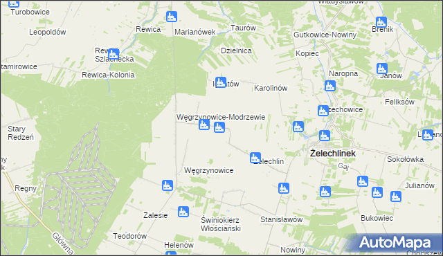 mapa Modrzewek gmina Żelechlinek, Modrzewek gmina Żelechlinek na mapie Targeo