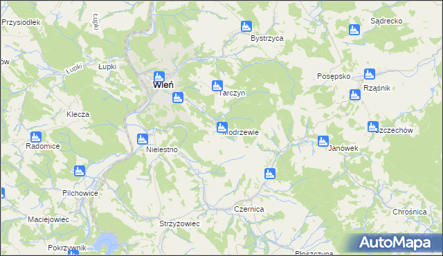 mapa Modrzewie gmina Wleń, Modrzewie gmina Wleń na mapie Targeo