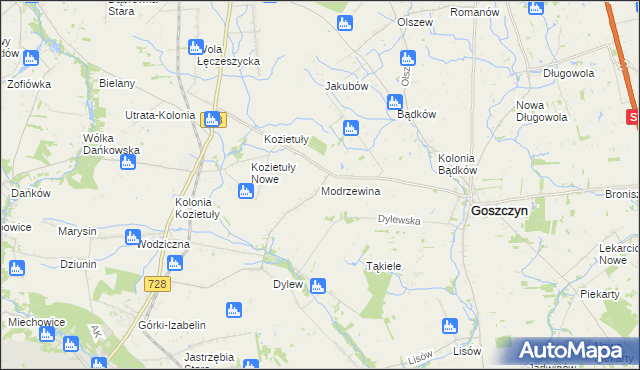 mapa Modrzewina gmina Goszczyn, Modrzewina gmina Goszczyn na mapie Targeo