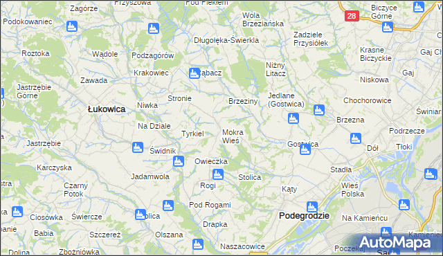 mapa Mokra Wieś gmina Podegrodzie, Mokra Wieś gmina Podegrodzie na mapie Targeo