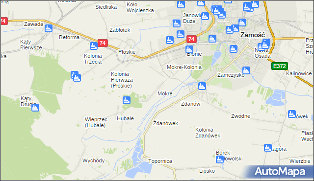 mapa Mokre gmina Zamość, Mokre gmina Zamość na mapie Targeo