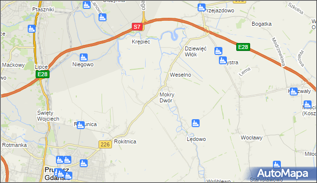 mapa Mokry Dwór gmina Pruszcz Gdański, Mokry Dwór gmina Pruszcz Gdański na mapie Targeo